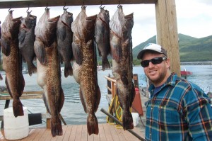 Hal Levenberg stands in front of a nice catch of ling cod and black rockfish caught on jigs in very shallow water off Kodiak Island.