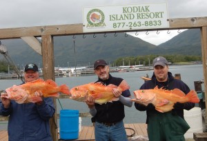 Bob Arnold, Bob Holl and Justin Rogers show off three trophy size yelloweye rockfish!!!