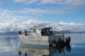Kodiak Island Resort catamaran bobs in the calm waters near Larsen bay.